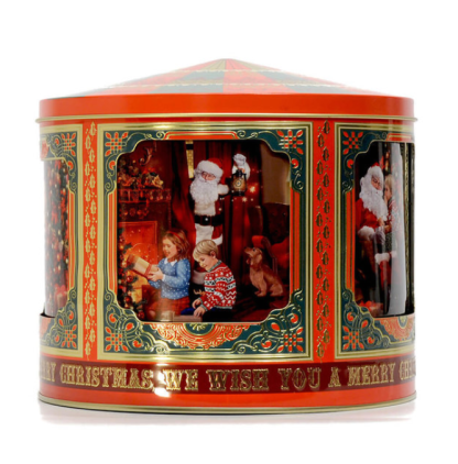 "Santa's Carousel" softly spinning Musical XL Cookie jar lata silver crane