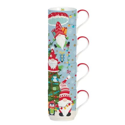 Set 4 porcelain stacking mugs 275 ml in color box GNOMES AT WORK easylife 346 santa in town 4 mugs easylife bule chávenas natal tetera vasos tazas navidad 1039 gnat