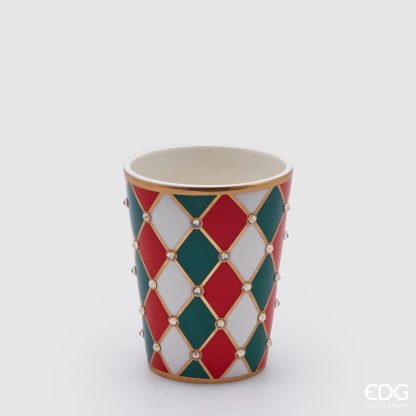 Jarra cerâmica Cônica Losangos Vermelha e Verde pequena: 13cmX10.5cm