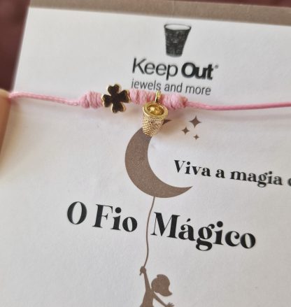 Pulseira Fio Mágico Dedal com Pendente: Rosa com Trevo