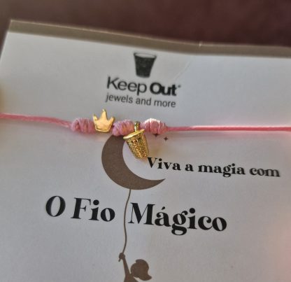 Pulseira Fio Mágico Dedal com Pendente: Rosa com Coroa