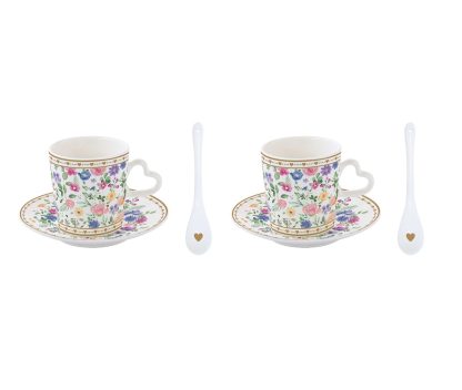 Conjunto 2 chávenas de café + pires + colheres Flores Love: Easylife