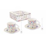 Conjunto 2 chávenas de café + pires + colheres Flores Love: Easylife