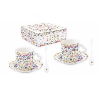 Conjunto 2 chávenas de café + pires + colheres Flores Love: Easylife