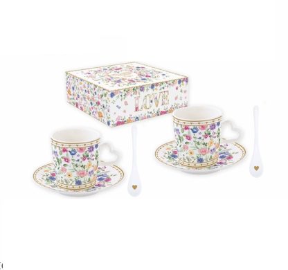 Conjunto 2 chávenas de café + pires + colheres Flores Love: Easylife