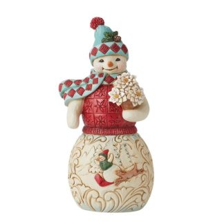 Boneco de Neve 19cm com Ramo Poinsettias Brancas