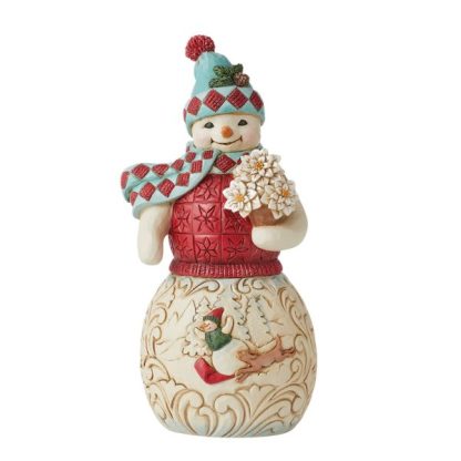 Boneco de Neve 19cm com Ramo Poinsettias Brancas