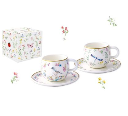 Conjunto 2 chávenas de café + pires Fancy Garden - Libélula e Passarinho: Easylife