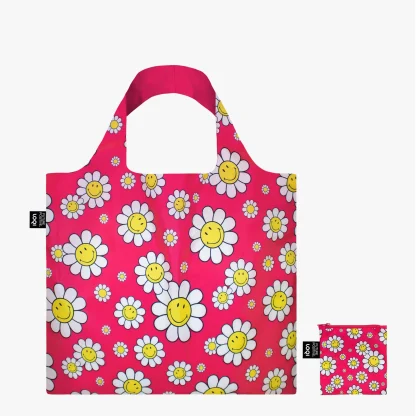 Saco reutilizável LOQI: Flores Smiley em cor Framboesa