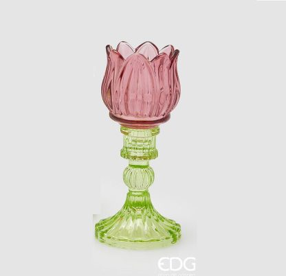 Castiçal em Vidro Tulipa com pé: Rosa Forte