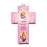 Cruz 3D rosa Primeira Comunhão Anjo e Cálice