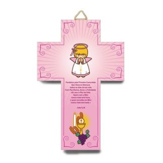 Cruz 3D rosa Primeira Comunhão Anjo e Cálice