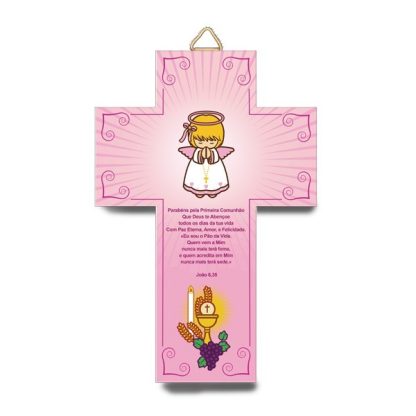 Cruz 3D rosa Primeira Comunhão Anjo e Cálice