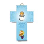 Cruz 3D azul Primeira Comunhão Anjo e Cálice