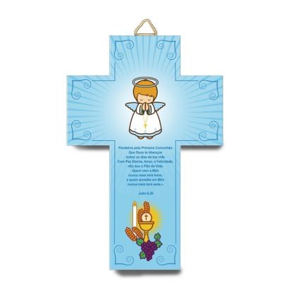 Cruz 3D azul Primeira Comunhão Anjo e Cálice