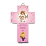 Cruz 3D rosa Primeira Comunhão com Anjo da Guarda