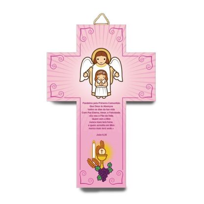 Cruz 3D rosa Primeira Comunhão com Anjo da Guarda