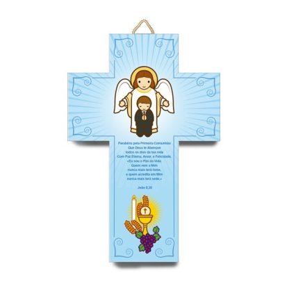 Cruz 3D azul Primeira Comunhão com Anjo da Guarda