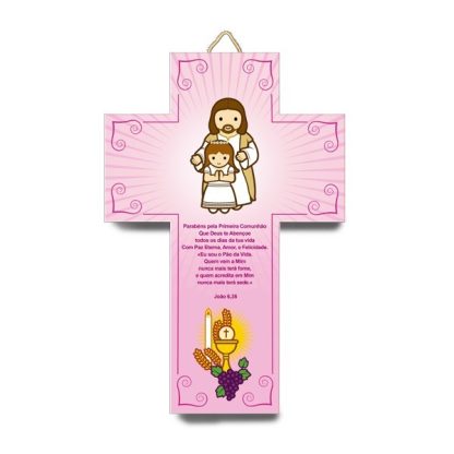 Cruz 3D rosa Primeira Comunhão com Jesus