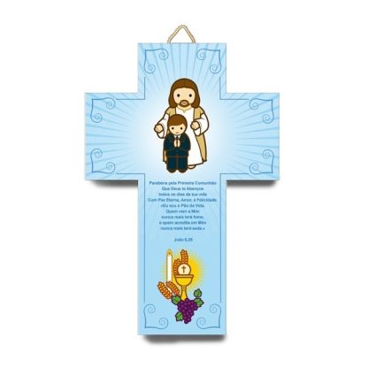 Cruz 3D azul Primeira Comunhão com Jesus