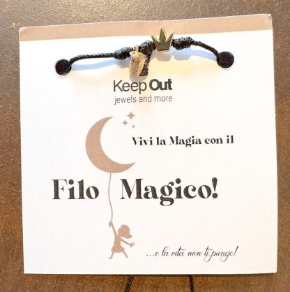 Pulseira Fio Mágico Dedal com Pendente: Preto com Coroa
