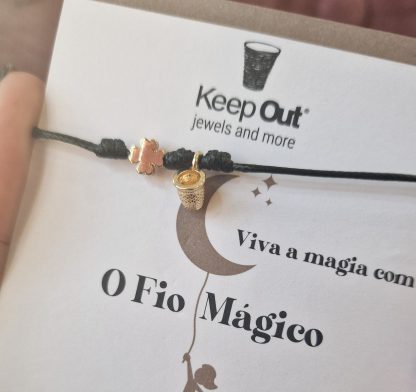 Pulseira Fio Mágico Dedal com Pendente: Preto com Trevo