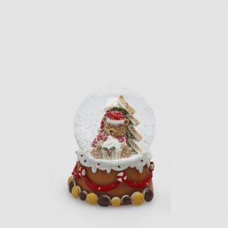 Globo de Neve 9cm Urso Guloso: modelo Gorro e Pinheiro atrás