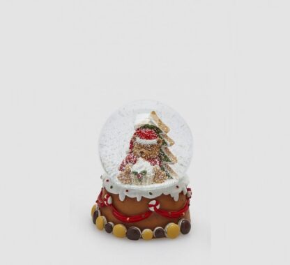 Globo de Neve 9cm Urso Guloso: modelo Gorro e Pinheiro atrás