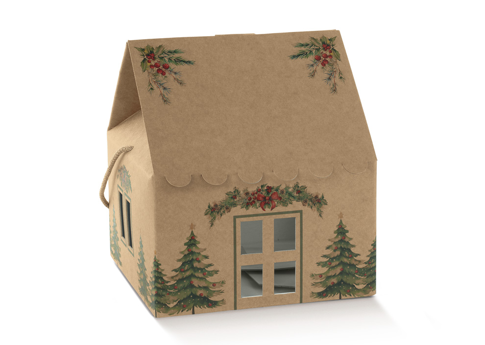 Caixa Casinha com Cordão Kraft Pini Verdi: 24.5X24.5X15cm