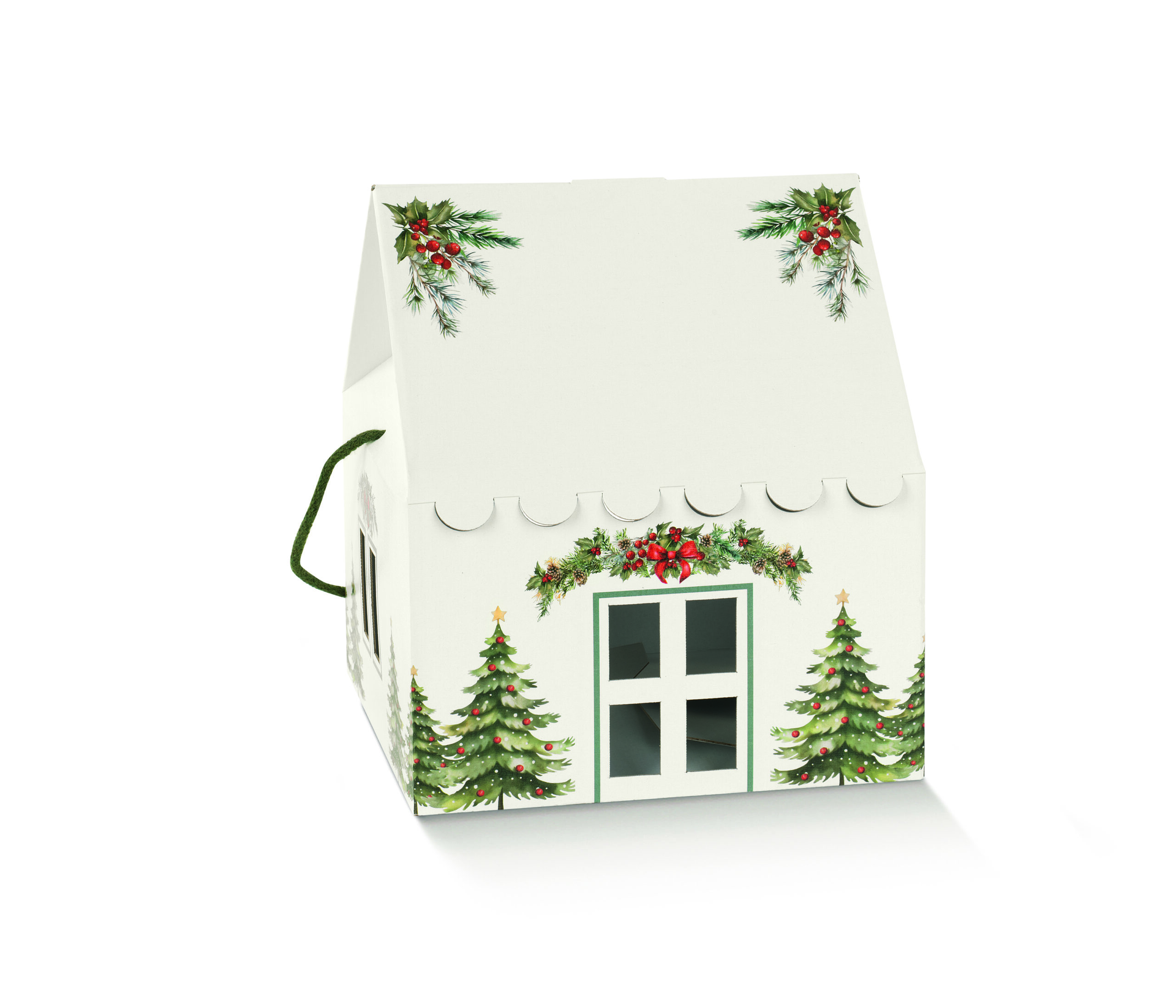 Caixa Casinha com Cordão pequena Pini Verdi Branca: 20X20X14cm