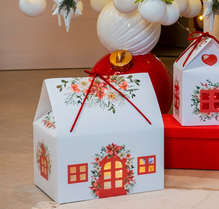 Caixa Casinha com Cordão XL White Christmas: 33X25X19cm