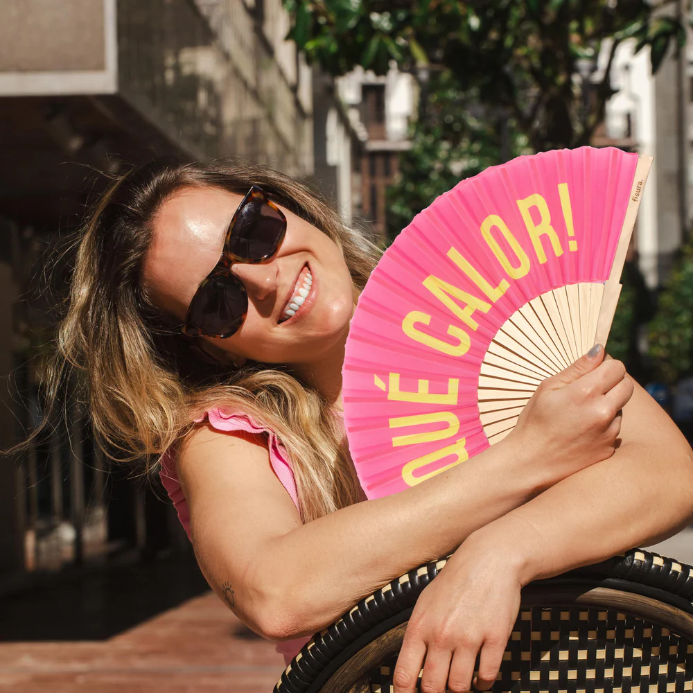 Leque Abanico Qué Calor (rosa e amarelo) - Image 3