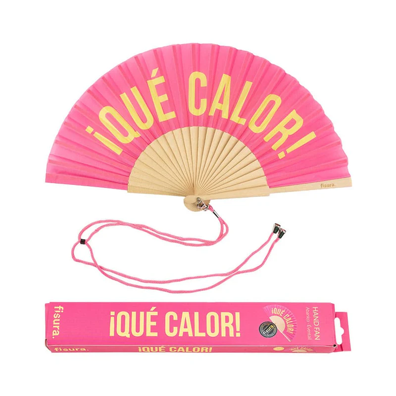 Leque Abanico Qué Calor (rosa e amarelo)