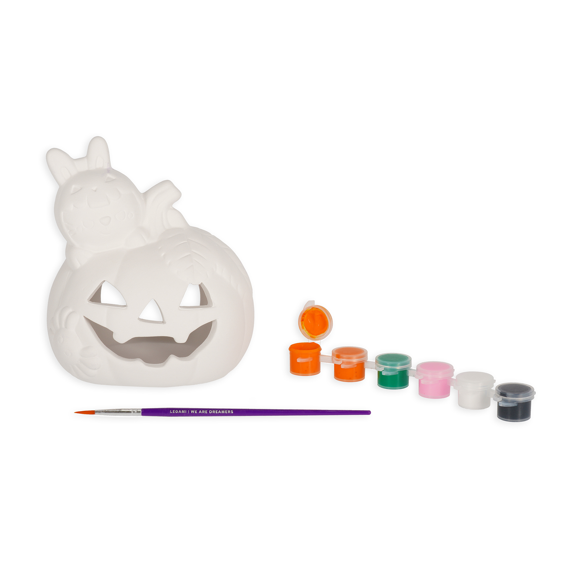 – PSE0002 – Pinta o teu Castiçal Abóbora de Halloween: Kit Completo - KIT DE DECORAÇÃO DE PORTA-VELAS PARA O HALLOWEEN - Contém: 1 porta-velas em cerâmica; 6 tintas acrílicas; 1 pincel - Material: porta-velas em cerâmica, tintas acrílicas, pincel de plástico – Marca: Legami 8052694147730