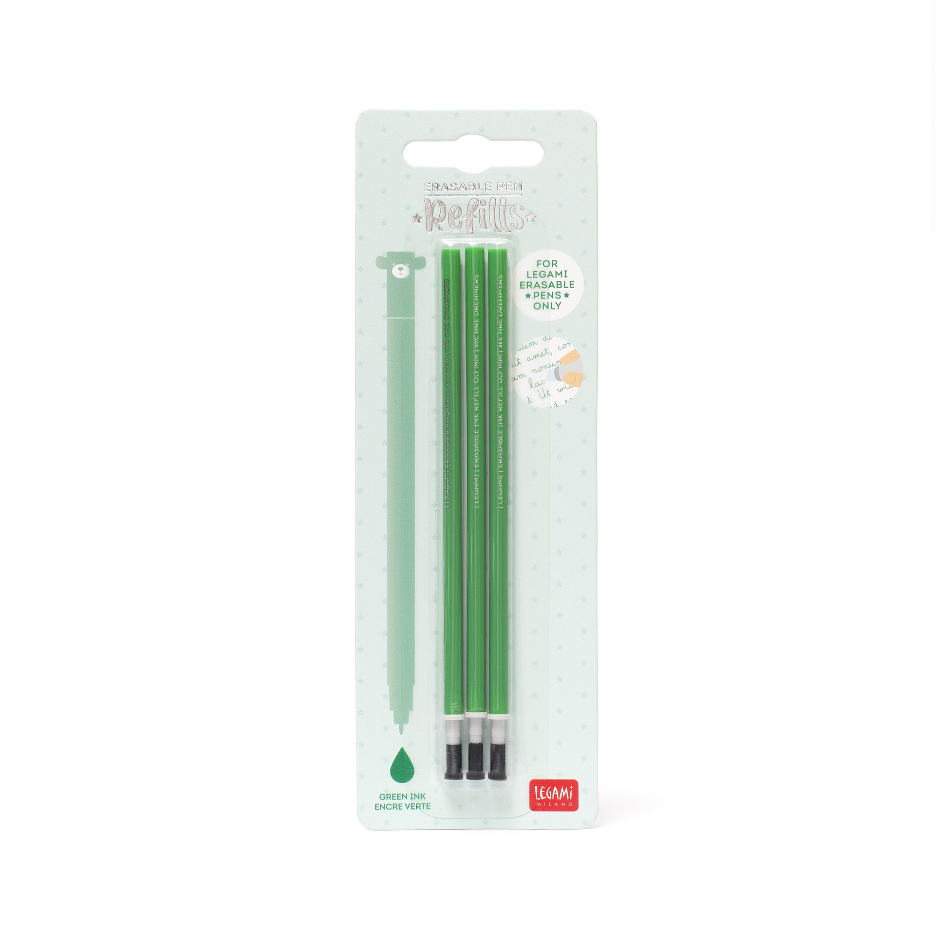 – REFEP0007 – Recargas (3) Verdes para canetas Apagáveis: Legami – Nunca vai querer ficar sem o seu produto Legami favorito! Por isso, criámos o Conjunto de 3 Recargas para as canetas apagáveis da Legami: uma forma fácil e colorida de garantir que nunca mais se separam! – Diâmetro da ponta: 0,7 mm 8052461965932