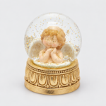 Globo de Neve 9cm Anjo Base Dourada: modelo mãos fechadas – Medidas: 9cm altura X 7cm largura – Marca: EDG